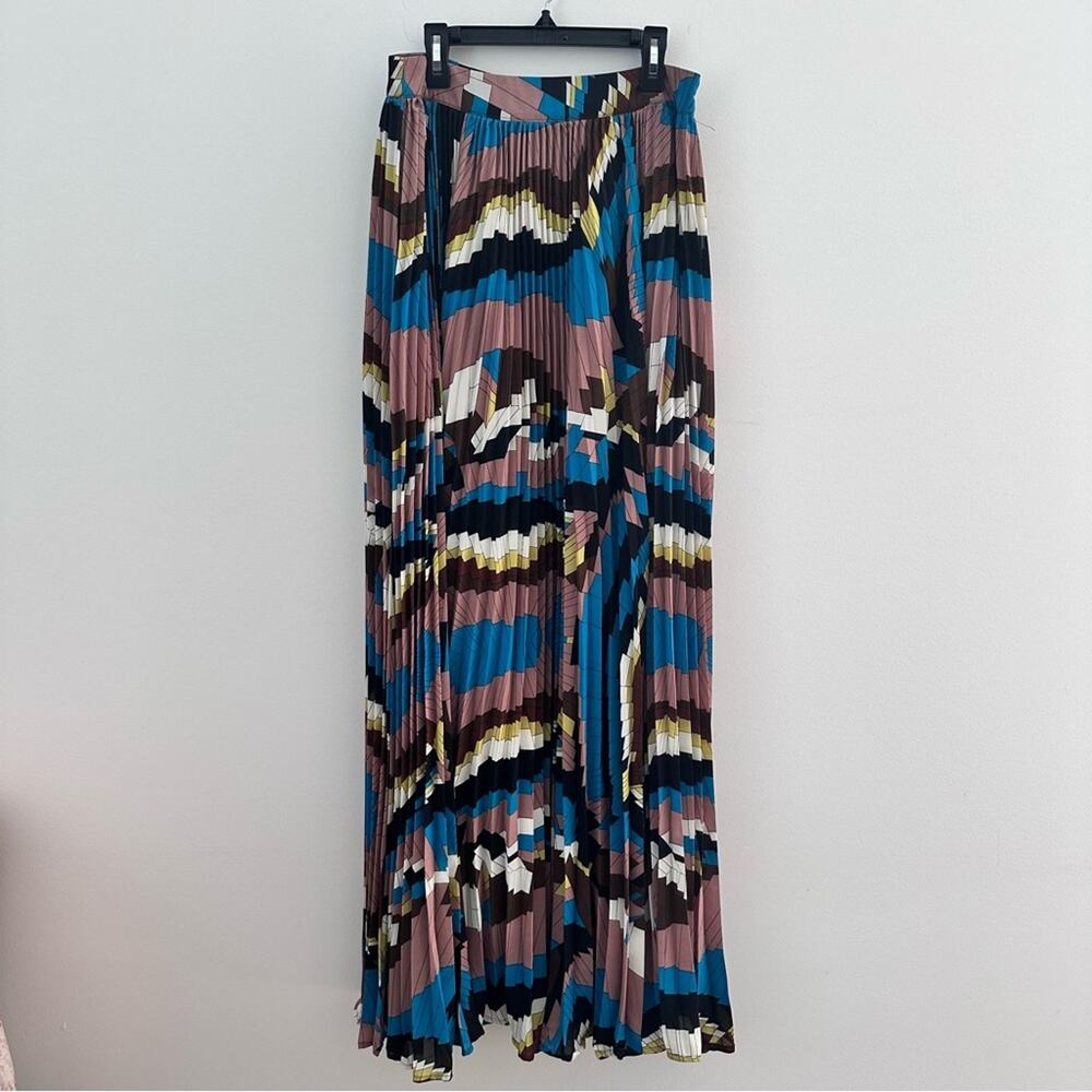 Gracia Abstract Maxi Skirt Women's Medium Blue/Brwon Floral Pleated Side Zipper